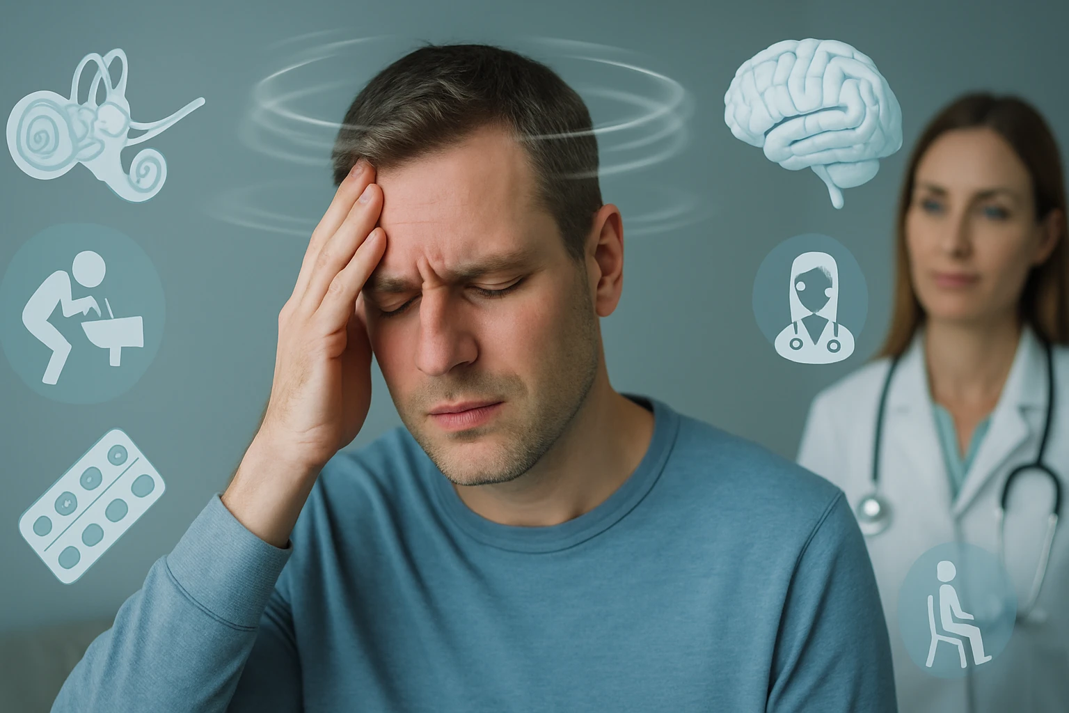 Férfi fejfájással küzd, körülötte egészségügyi szimbólumok láthatók.
