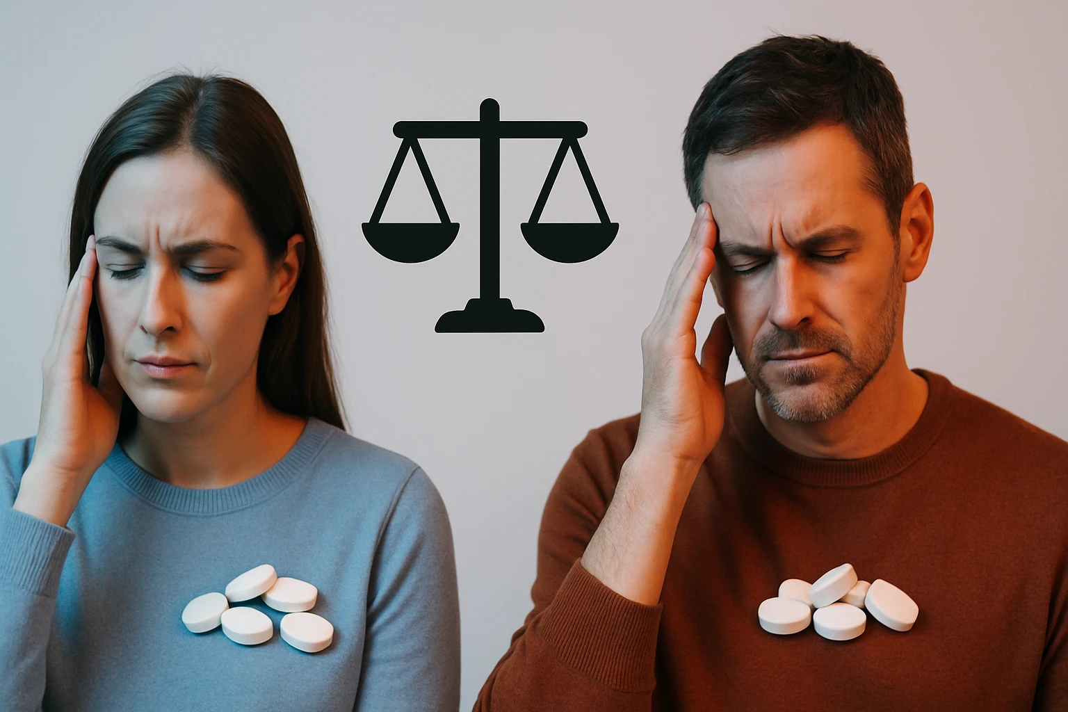 Két ember fejfájással küzd, gyógyszerek láthatók a ruhájukon.