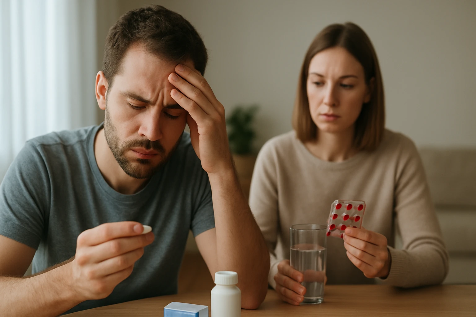 Egy férfi fejfájással küzd, míg női társa gyógyszert tart a kezében.