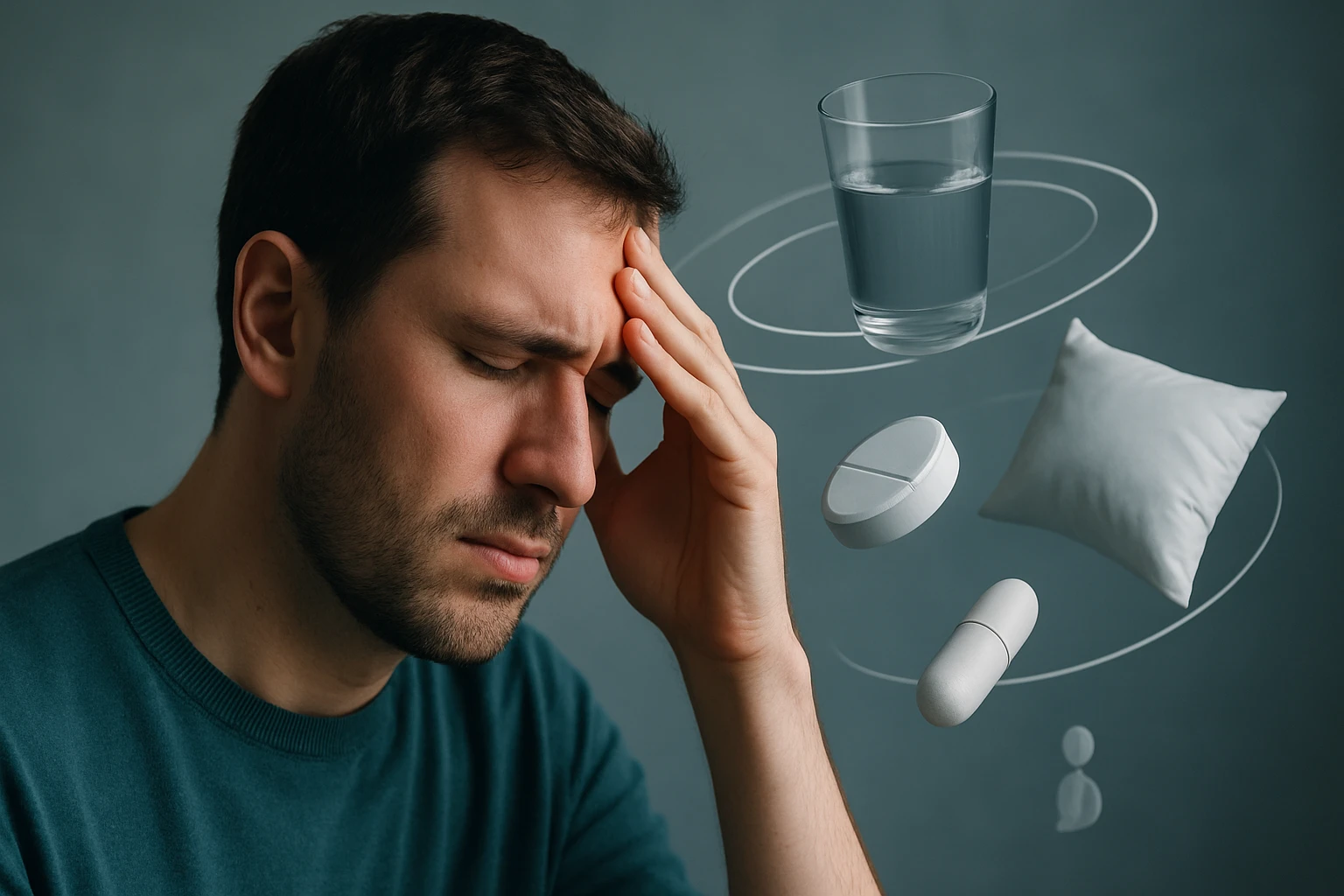 Férfi, aki fejfájással küzd, körülötte víz, gyógyszerek és párna látható.