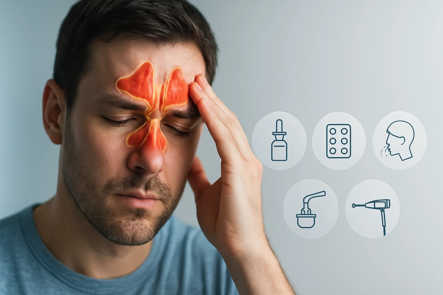 Férfi, aki fejfájást érez, kezével a homlokát fogja, mellette egészségügyi ikonok.