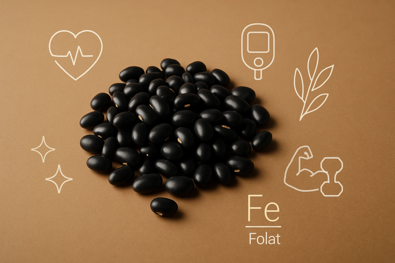 Fekete babok halma, körülöttük egészségi ikonok, mint szív és vitaminok.