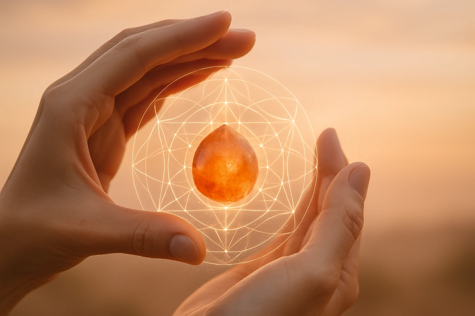 Két kéz tart egy fénylő, narancssárga cseppet, háttérben naplemente.