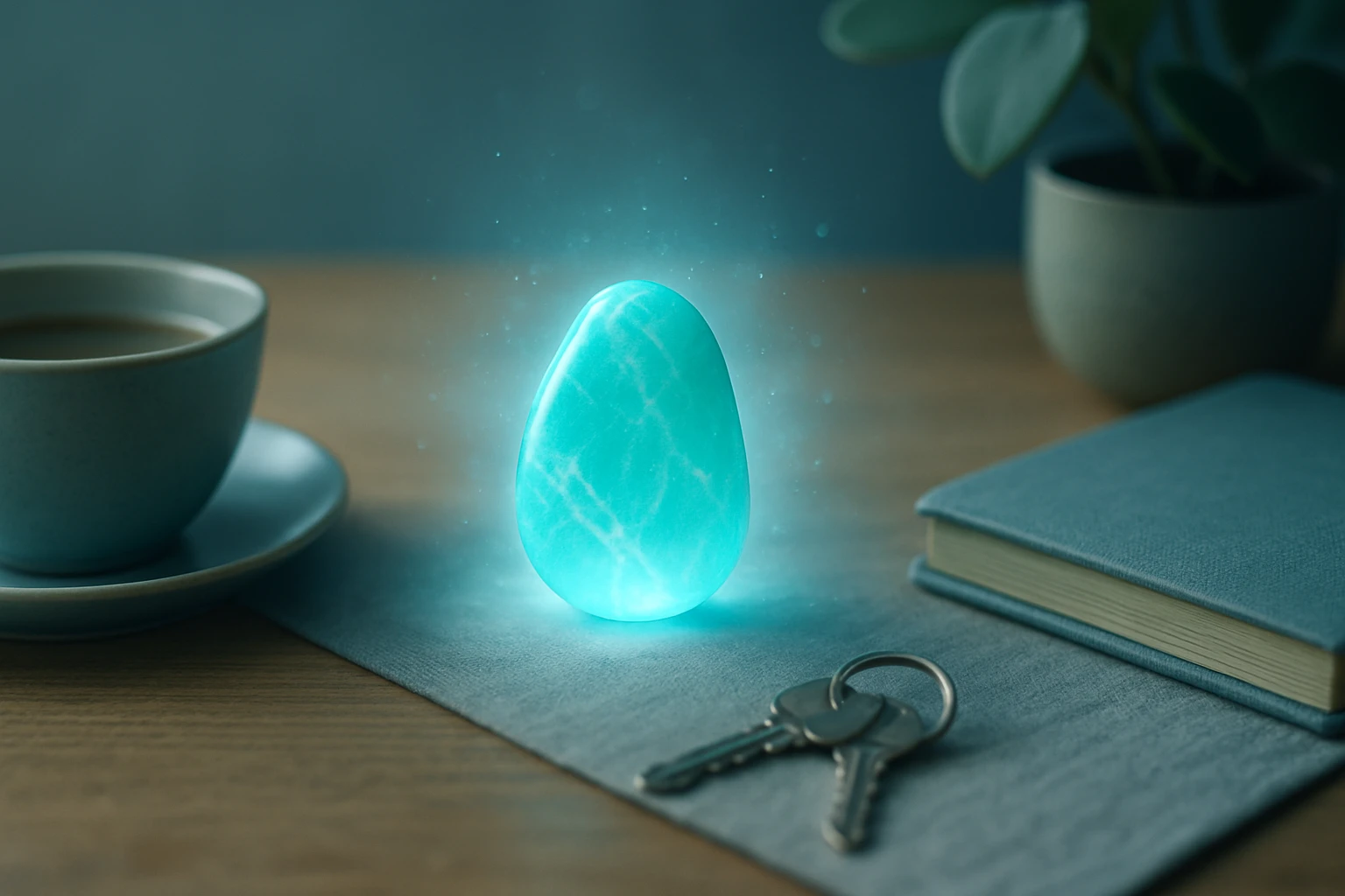 Egy világító, kék tojásforma tárgy egy asztalon, mellette kávé és kulcsok.