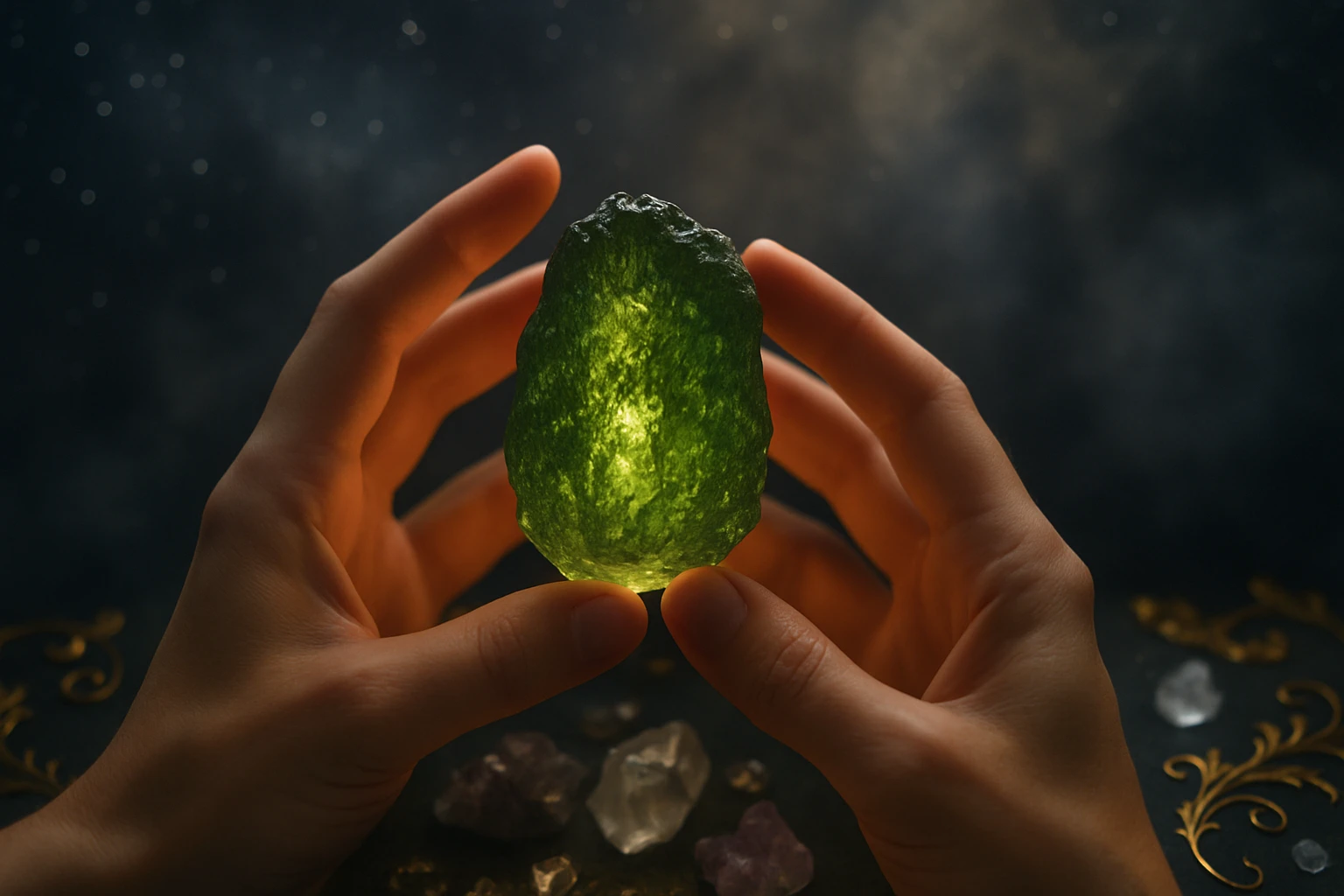 Két kéz tart egy zöld, fénylő kristályt, háttérben más ásványokkal.