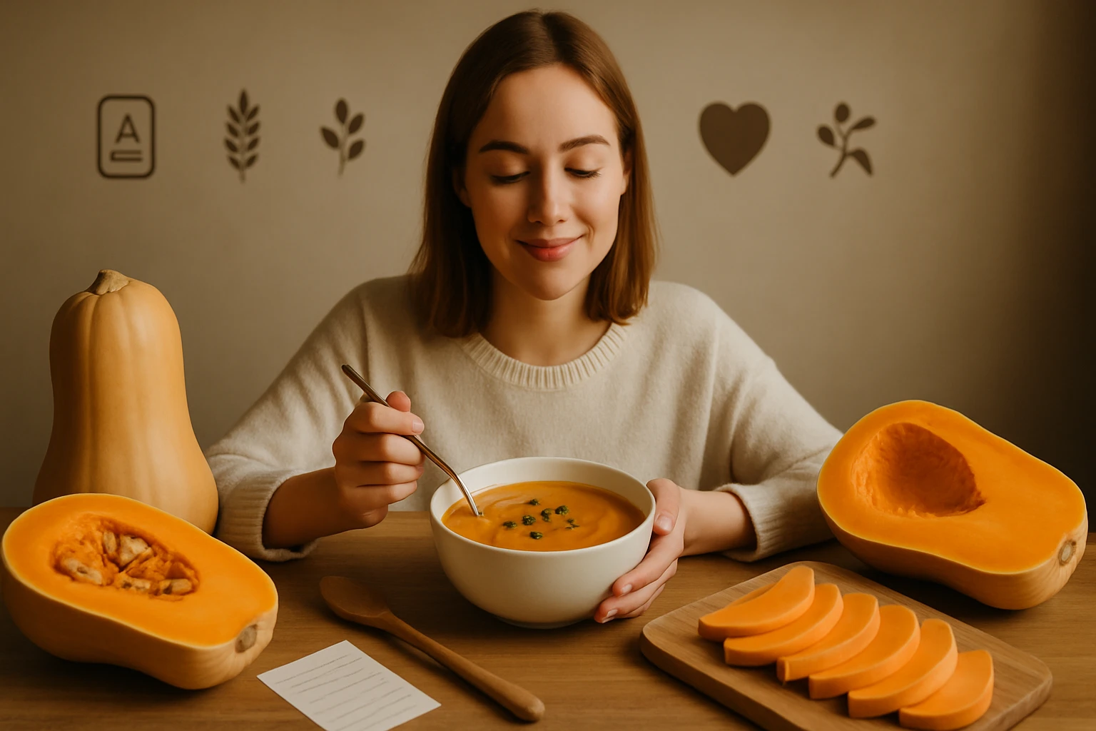 Egy fiatal nő élvezi a sütőtöklevest egy tálból, körülötte friss sütőtök darabok.