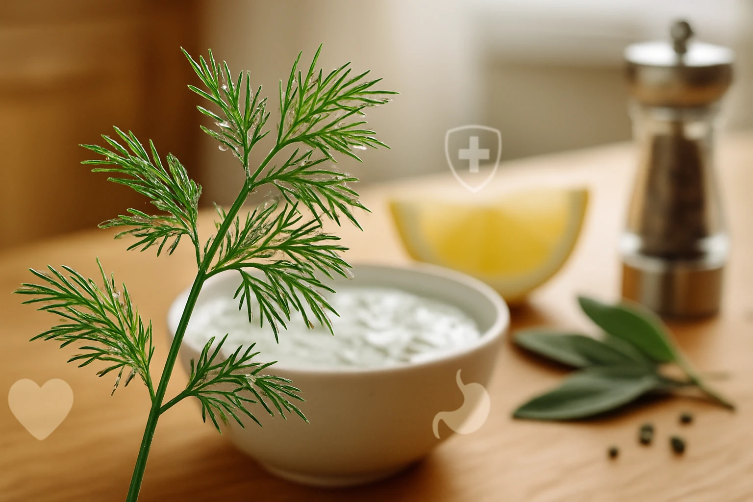 Friss kaporág a konyhapulton, joghurtos öntet és citrom mellett.