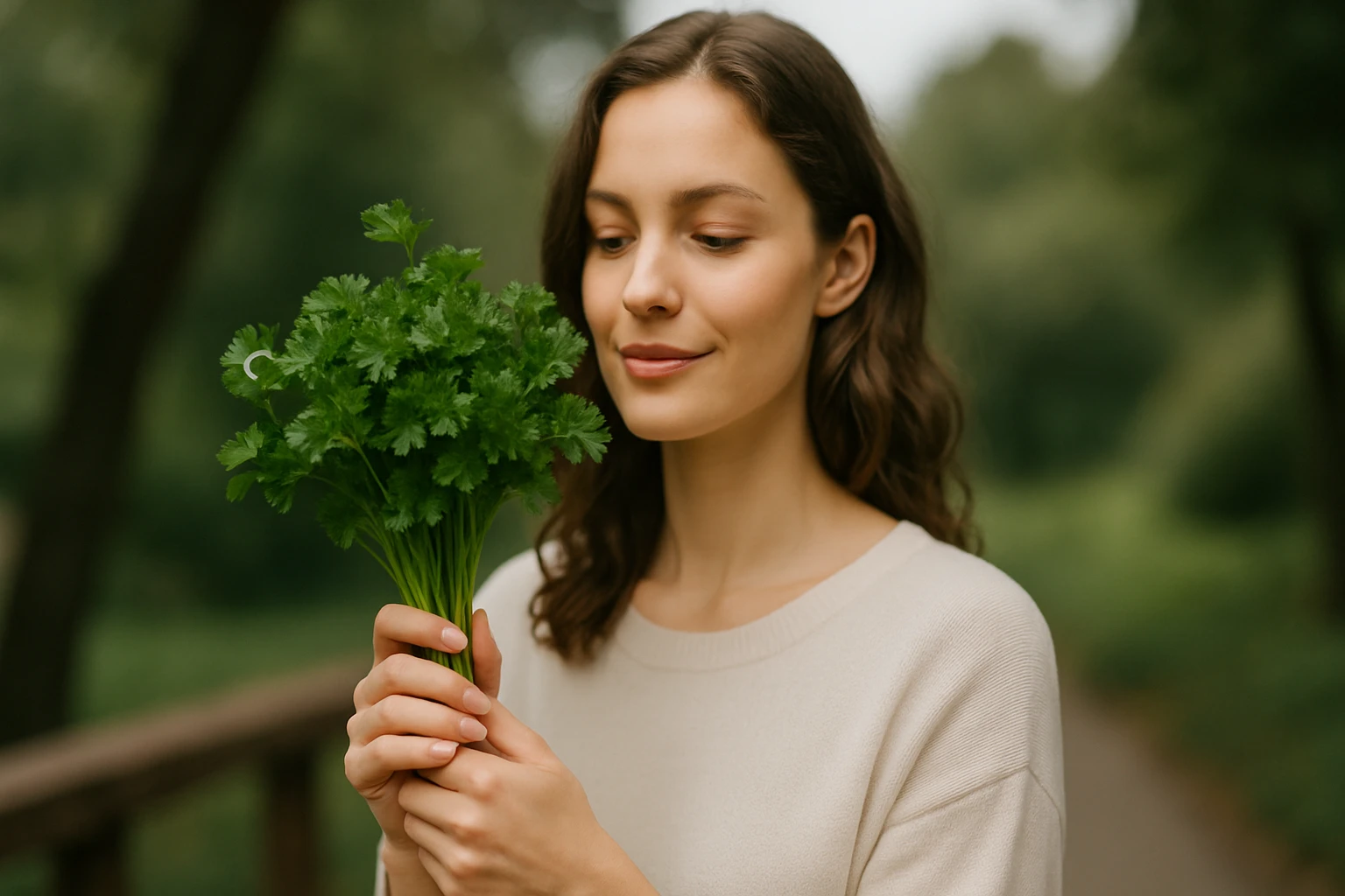 Egy fiatal nő friss petrezselymet tart a kezében, mosolyogva néz rá.