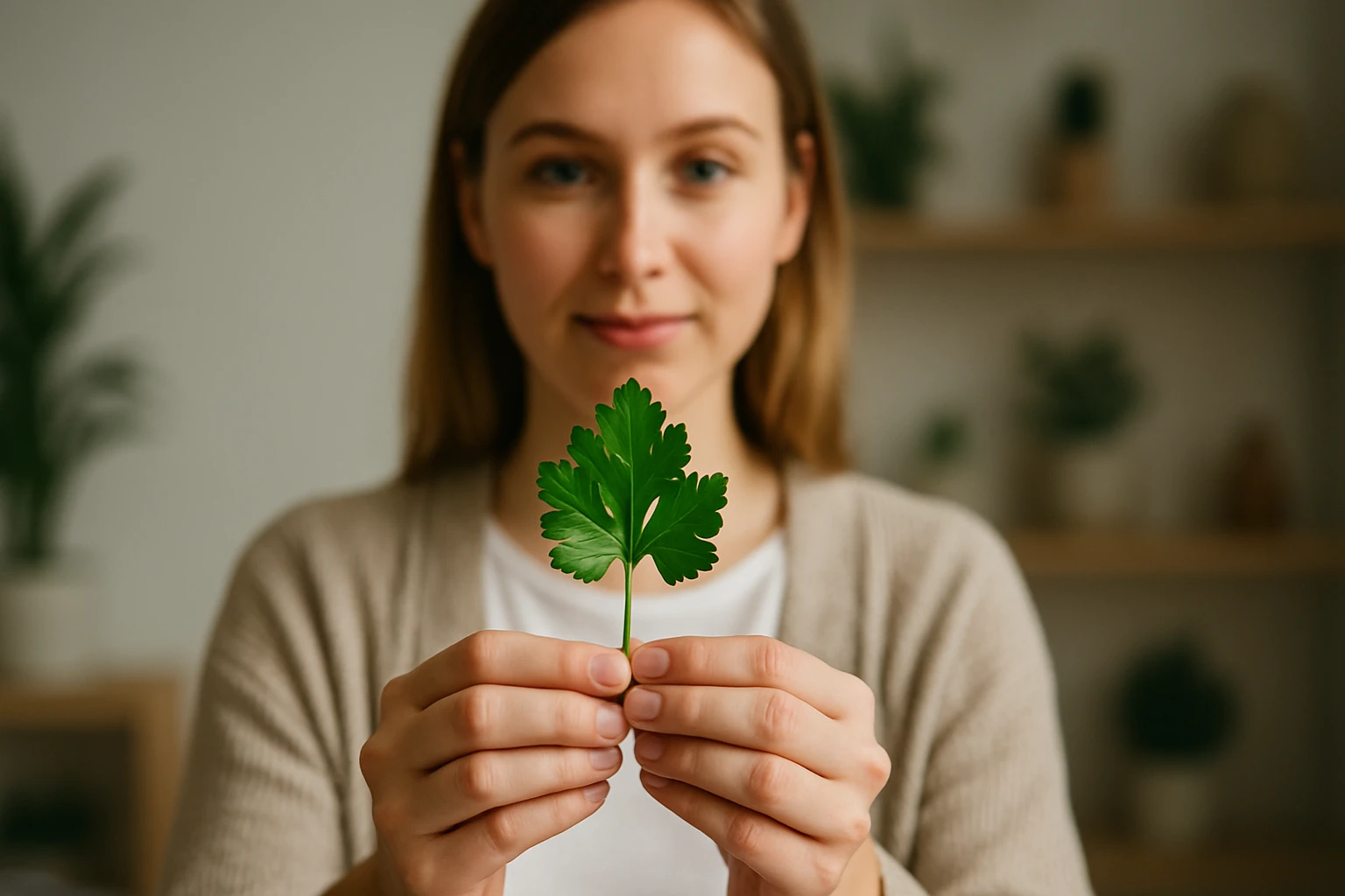 Egy fiatal nő friss petrezselyemlevelet tart a kezében, mosolyogva néz a kamerába.