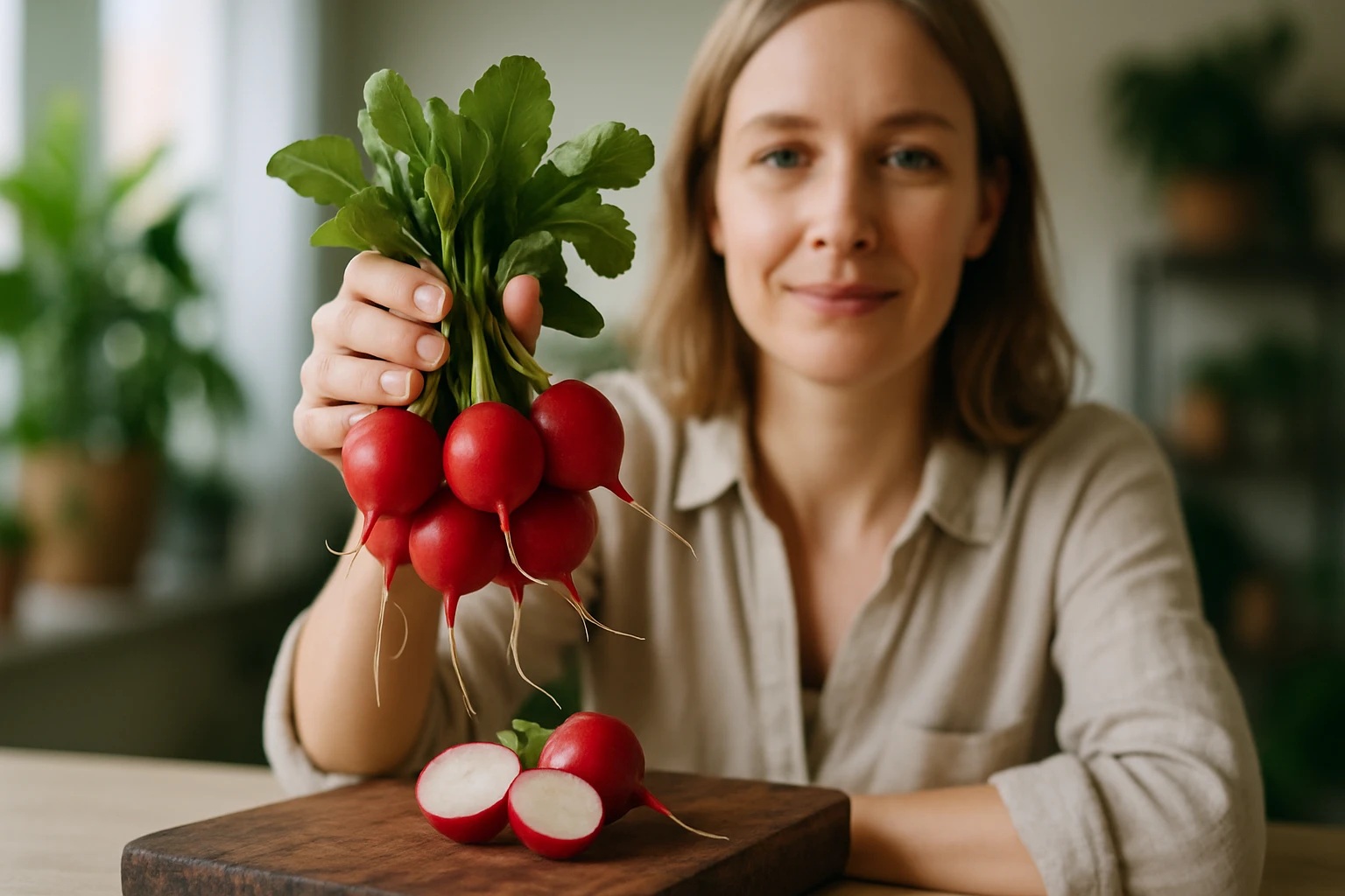 Egy nő friss retekcsokrot tart a kezében, mellette egy vágott retek.