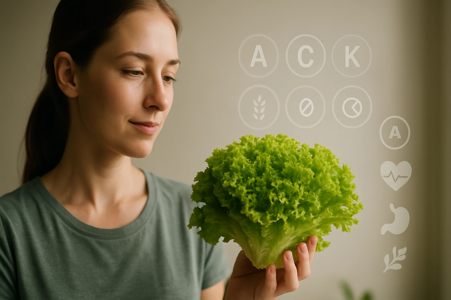 Egy nő zöld salátát tart a kezében, miközben figyelmesen nézi.