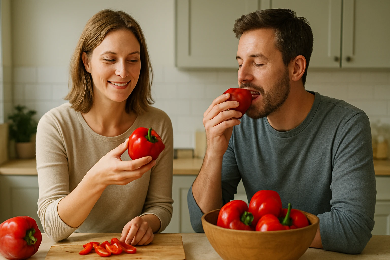 Két ember élvezi a friss piros paprikát egy konyhában, mosolyogva.