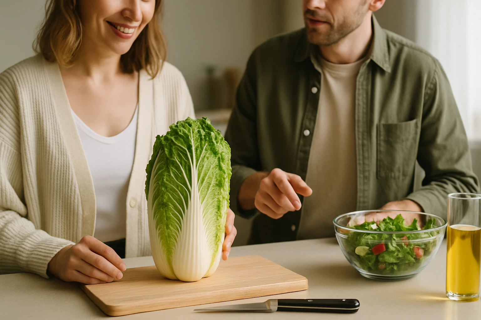 Két ember készül salátát készíteni, friss kínai kel zöldséggel.