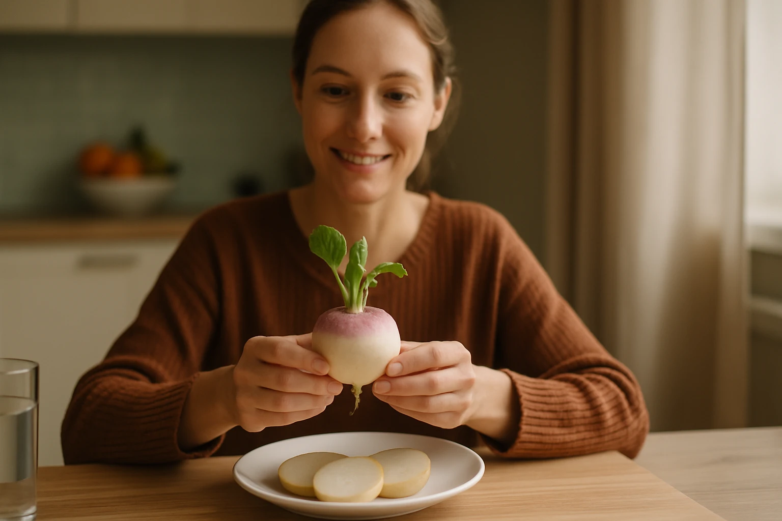 Egy nő boldogan tart egy friss retekféleséget, miközben az asztalon szeletelt zöldségek vannak.