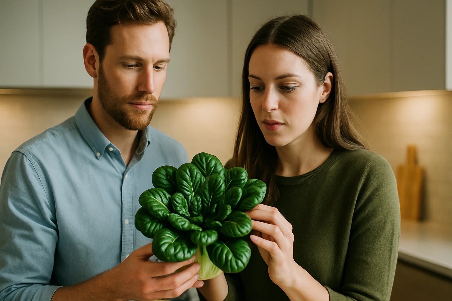 Egy férfi és egy nő közösen néznek egy friss zöld leveles zöldségre a konyhában.
