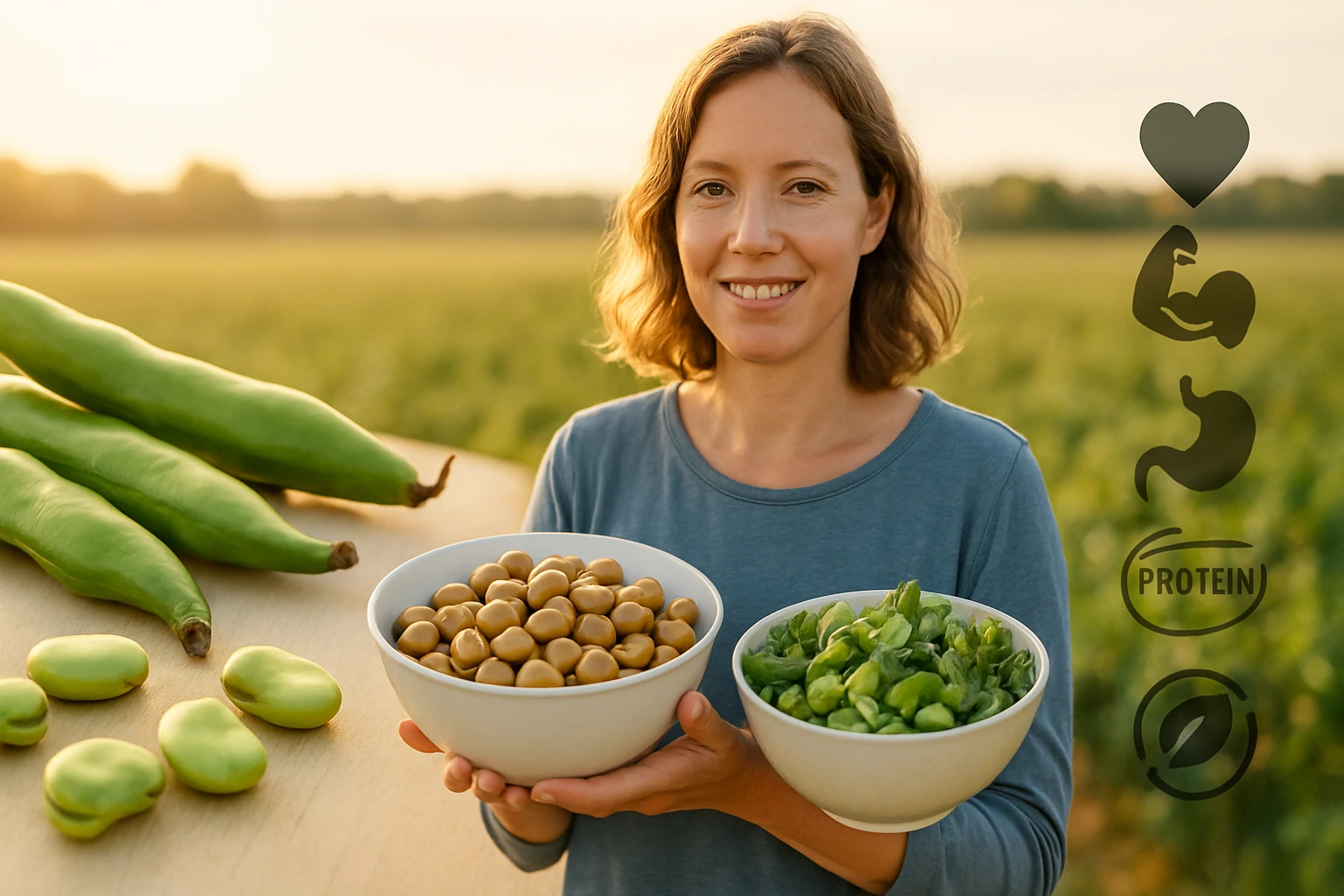 Egy nő friss zöldségeket tart a kezében, háttérben zöld mezővel.