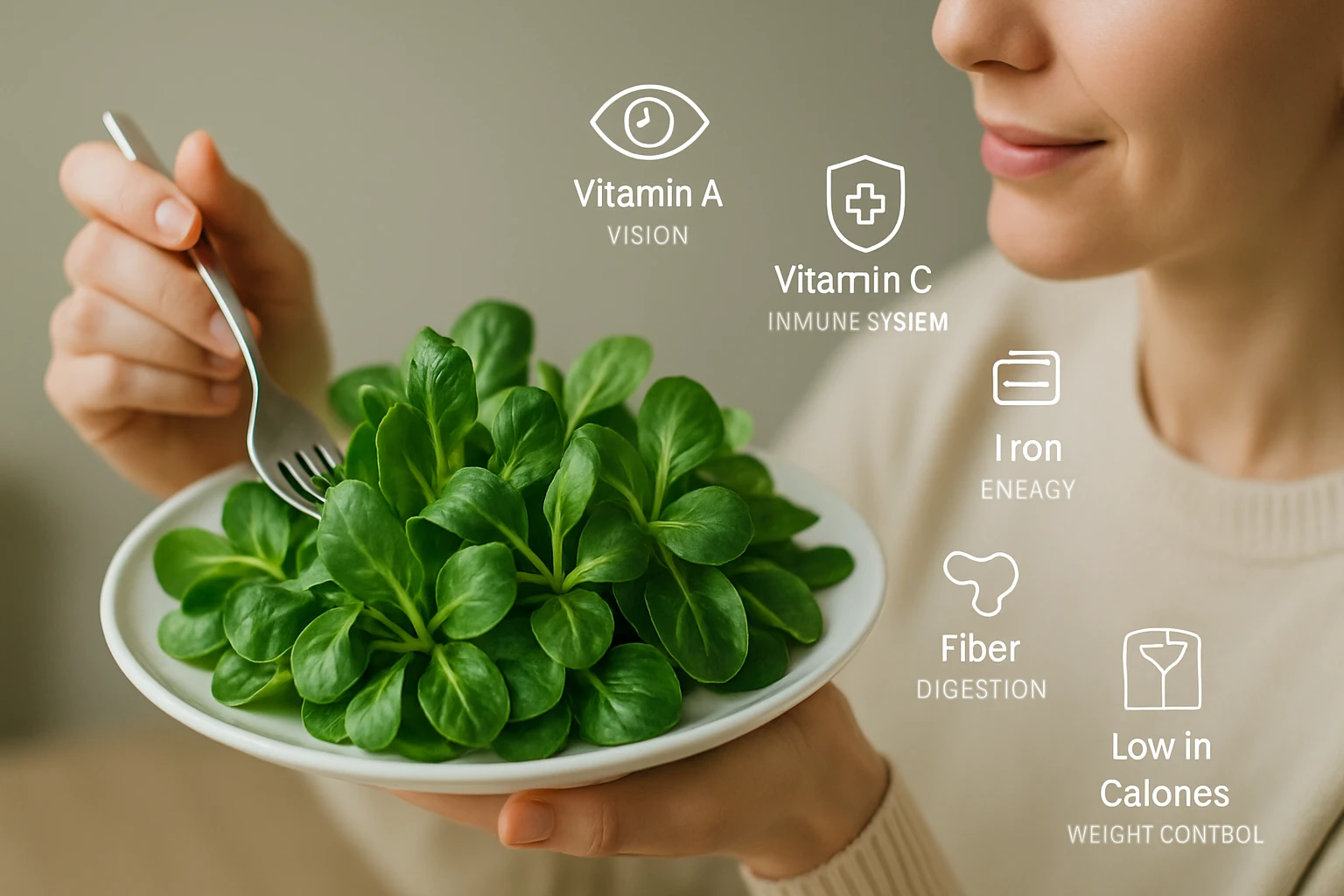 Egy nő egy tányér friss zöldsalátát tart, amely gazdag vitaminokban.