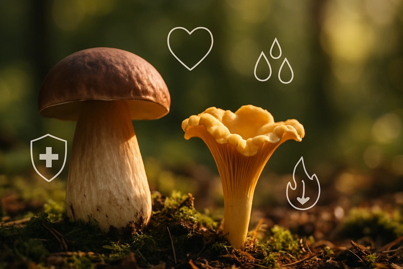 Két gomba, egy barna és egy sárga, zöld háttér előtt, egészségi szimbólumokkal.