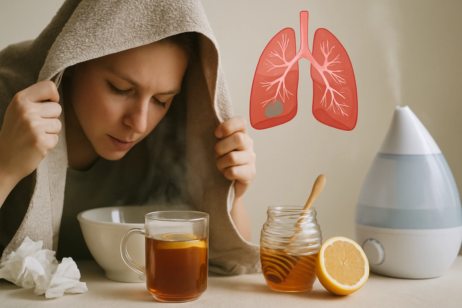 Egy nő gőzölés közben, teát és mézet használva a légúti problémák enyhítésére.