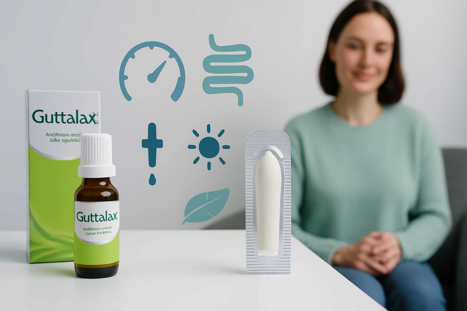 Egy Guttalax nevű hashajtó csepp és kúp látható egy asztalon, háttérben egy nővel.