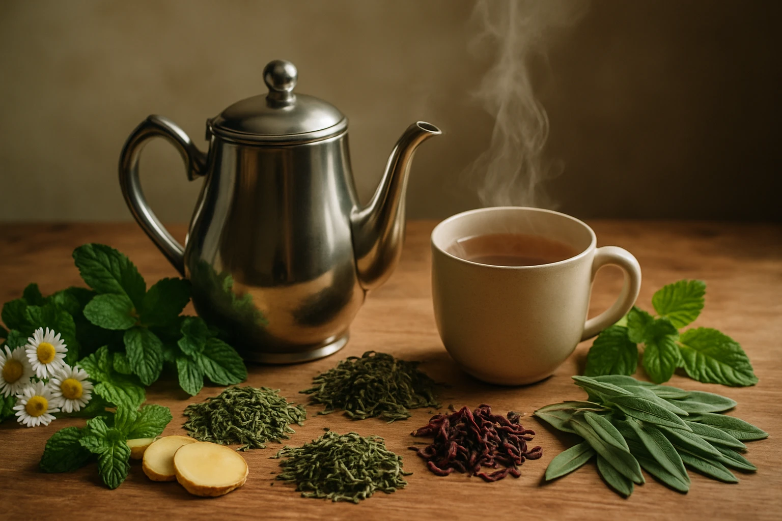 Egy fém teáskanna, gőzölgő tea és különböző gyógynövények, mint menta és gyömbér.