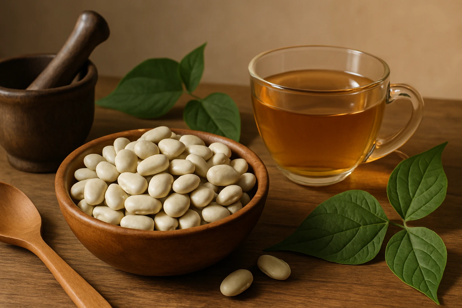 Egy tálban fehér színű gyógynövények, mellette egy csésze tea és zöld levelek.