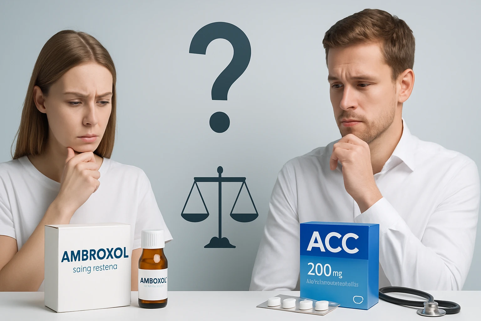 Két ember gondolkodik, miközben Ambroxol és ACC gyógyszerek láthatók előttük.