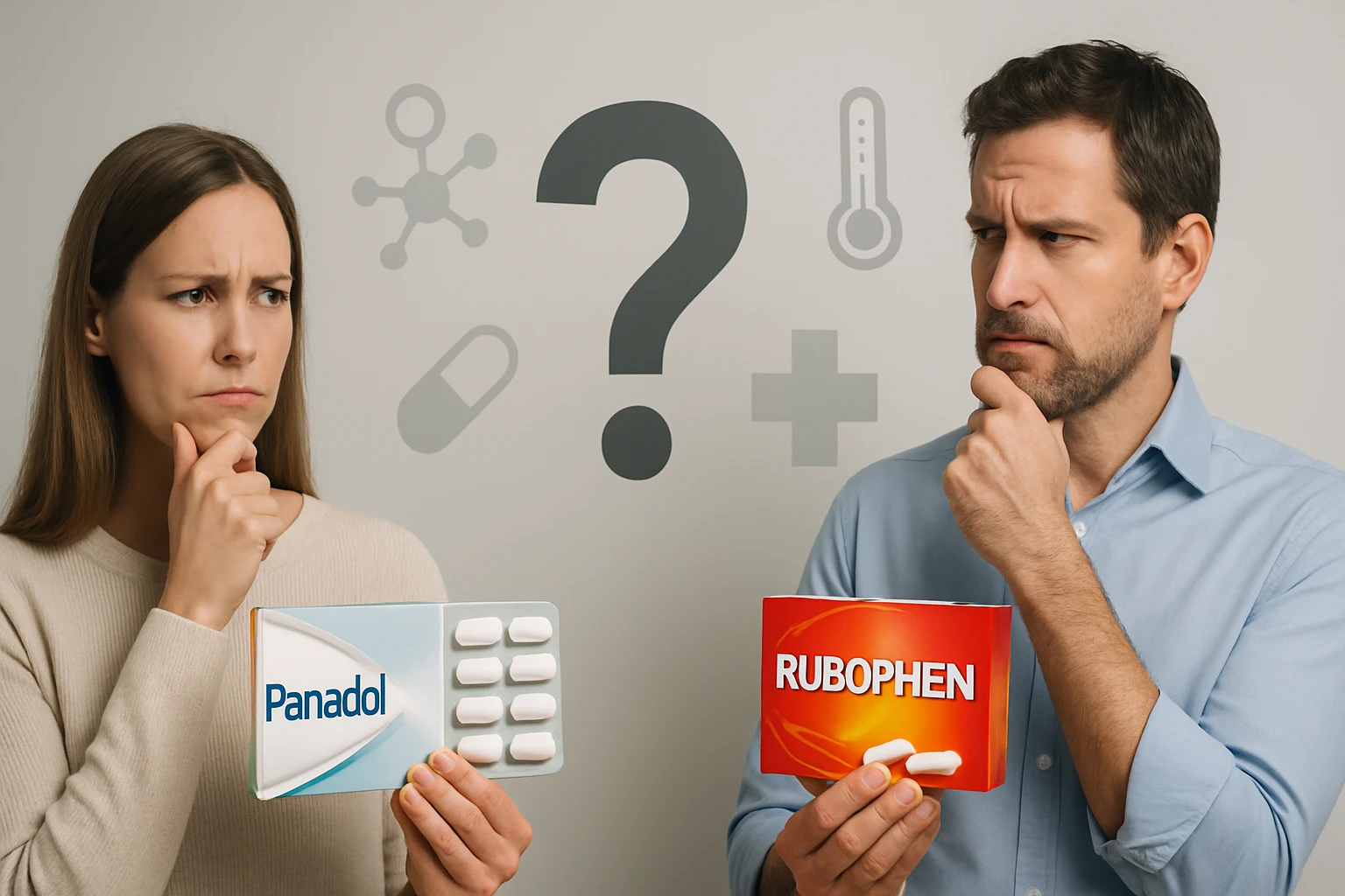 Egy nő és egy férfi gyógyszereket tart a kezükben, gondolkodva a választáson.