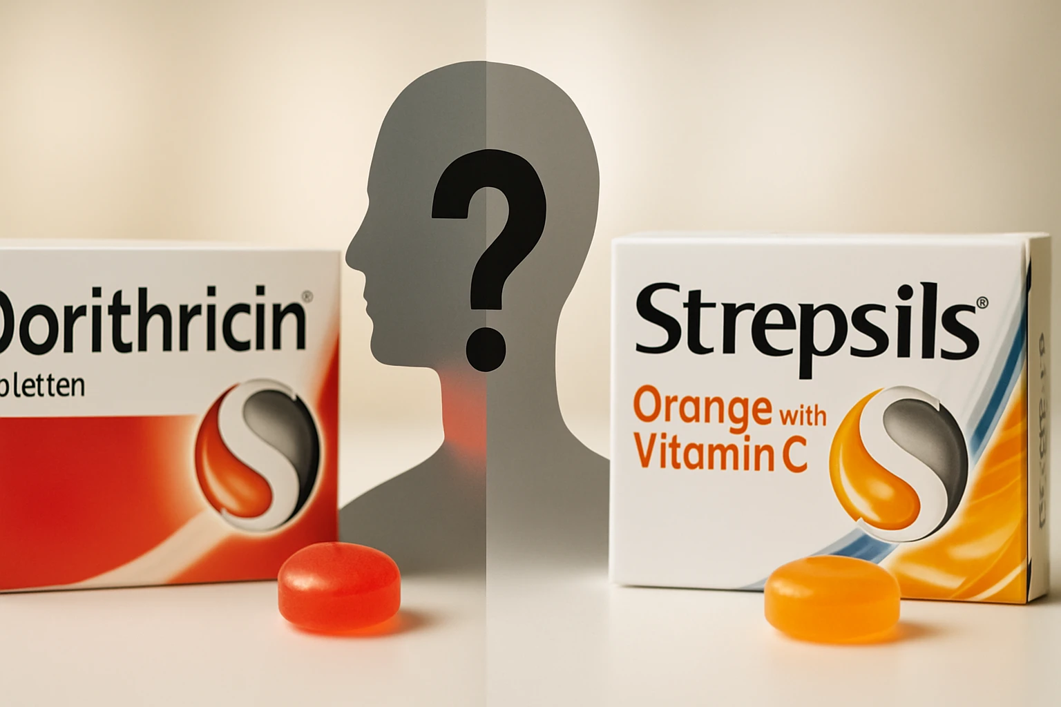 Két gyógyszer doboza, Dorithricin és Strepsils, narancssárga cukorkákkal.