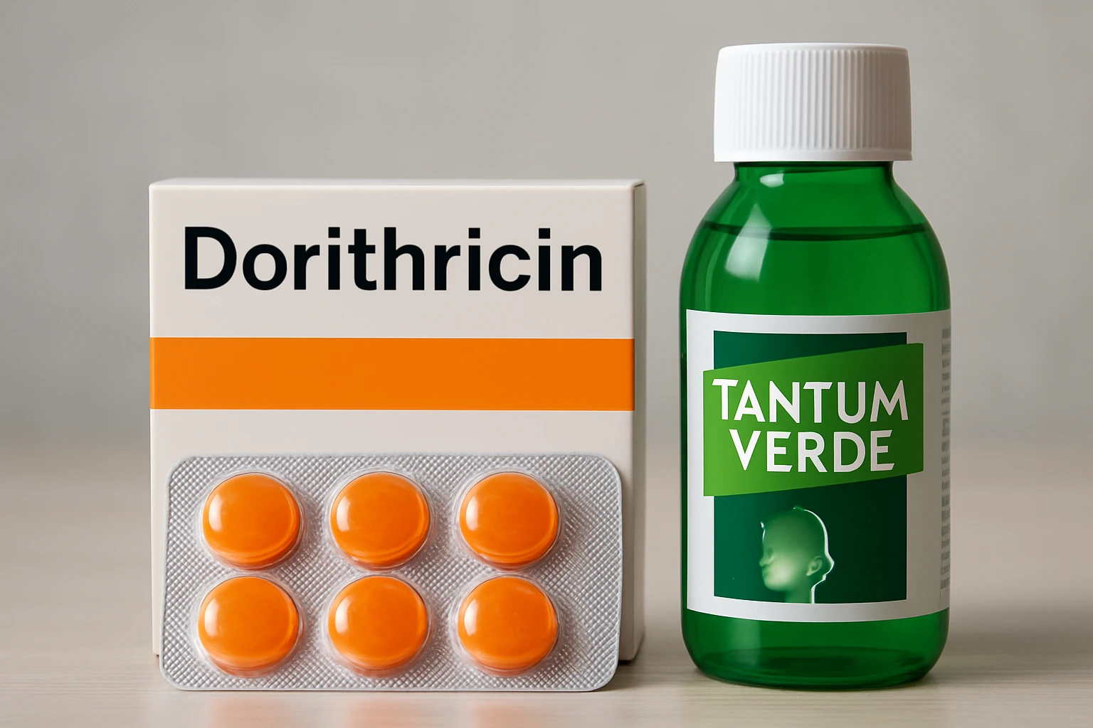 Doritrichin tabletták és Tantum Verde szájöblítő egy asztalon.