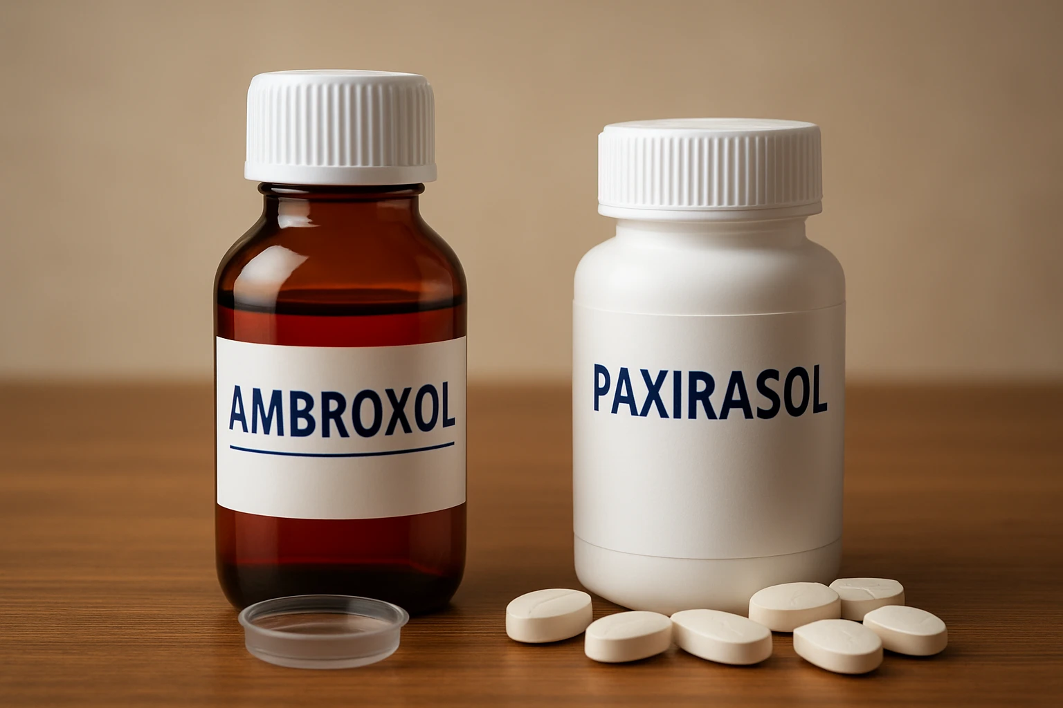 Két gyógyszer, az Ambroxol és a Paxirasol, asztali felületen.