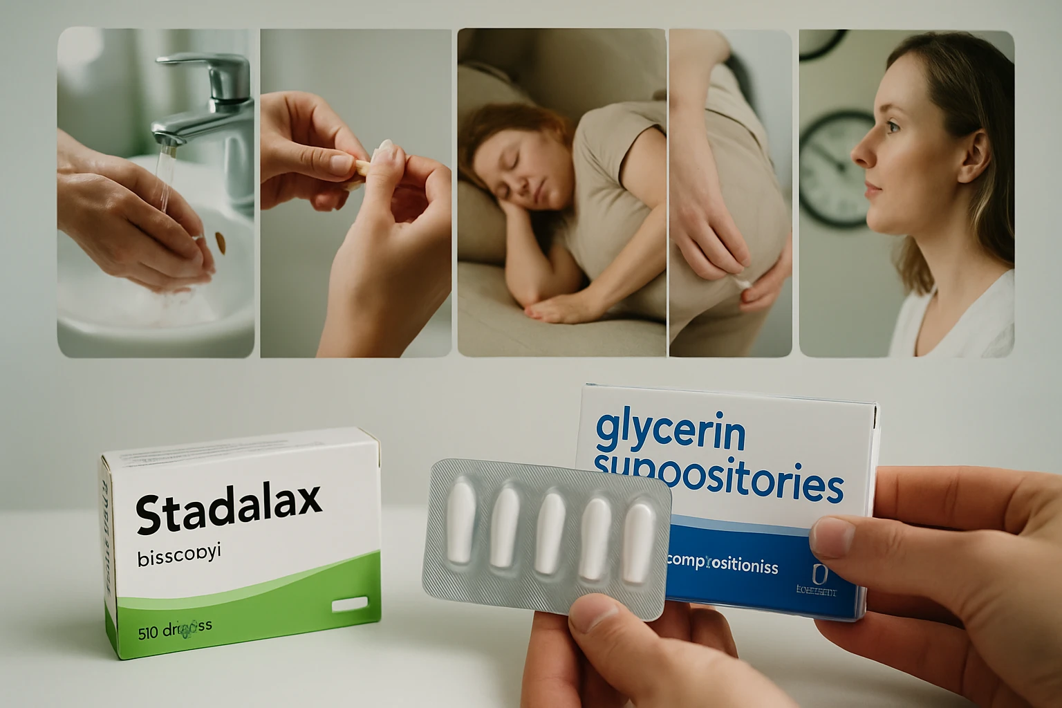 Két különböző gyógyszer, a Stadalax és a glicerin kúpok, egészségügyi kontextusban.