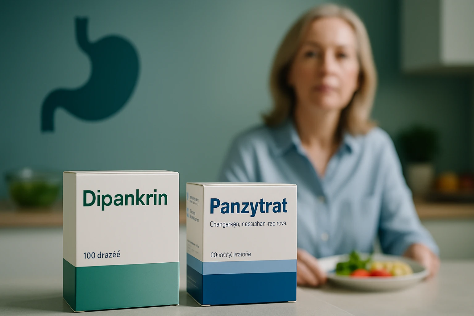 Két gyógyszer doboza, Dipankrin és Panzytrat, egy nő előtt, aki ételt fogyaszt.