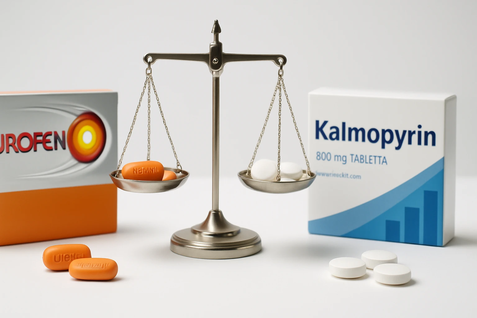 Egy mérleg, amelyen narancssárga és fehér tabletták láthatók, háttérben gyógyszeres dobozokkal.