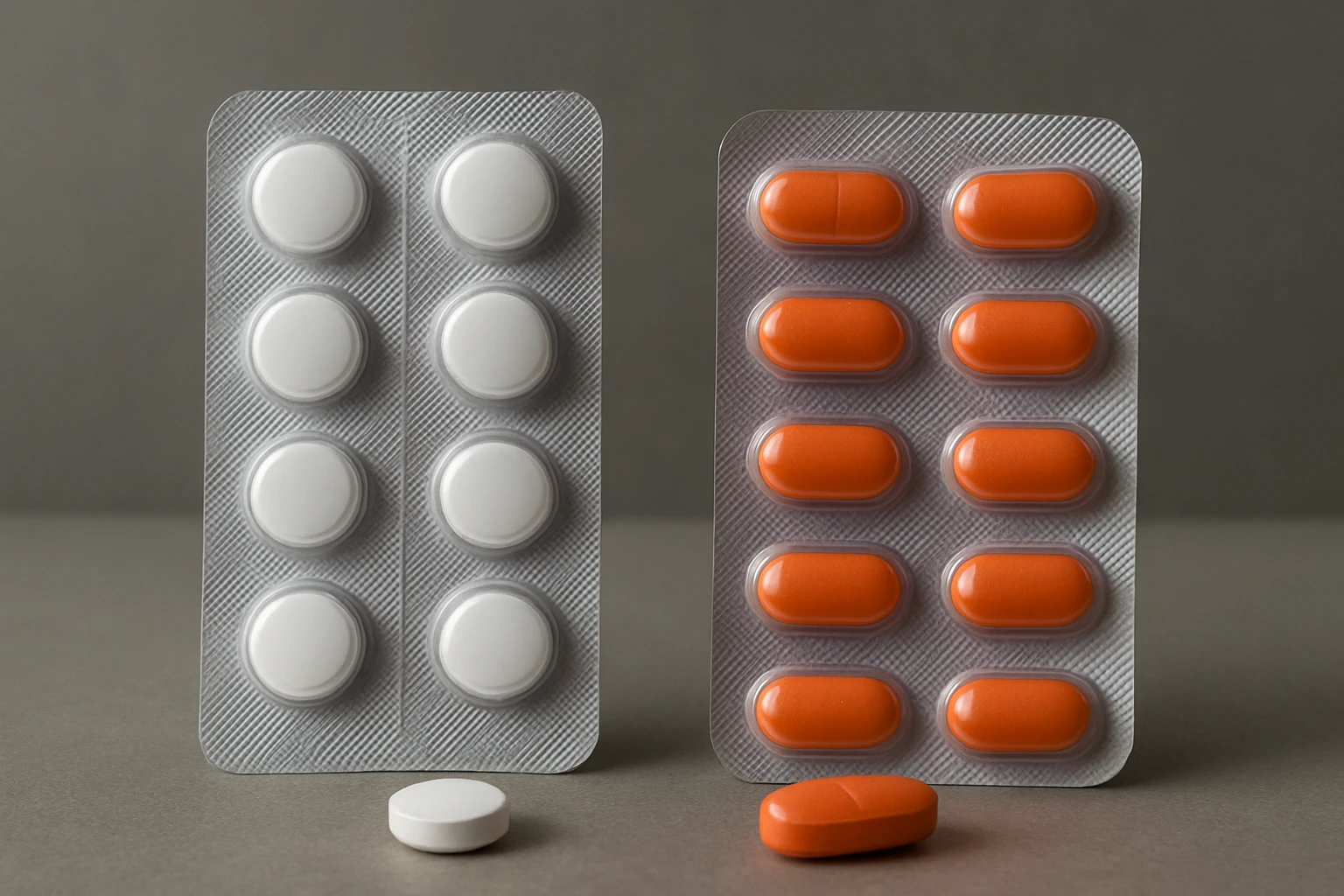 Két különböző gyógyszerbliszter, fehér és narancssárga tablettákkal.