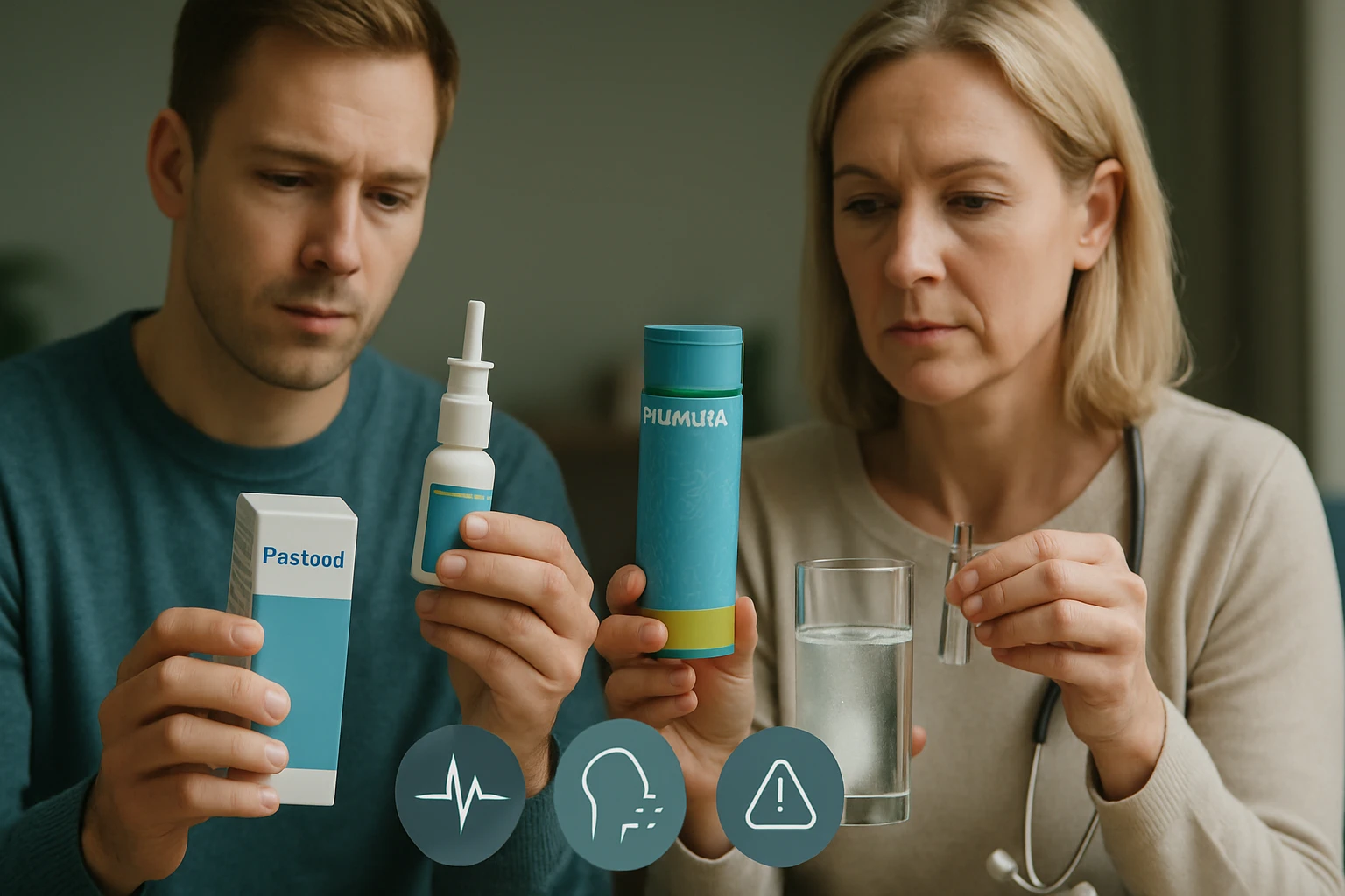 Két felnőtt, gyógyszereket és egy pohár vizet vizsgálva, egészségügyi kontextusban.