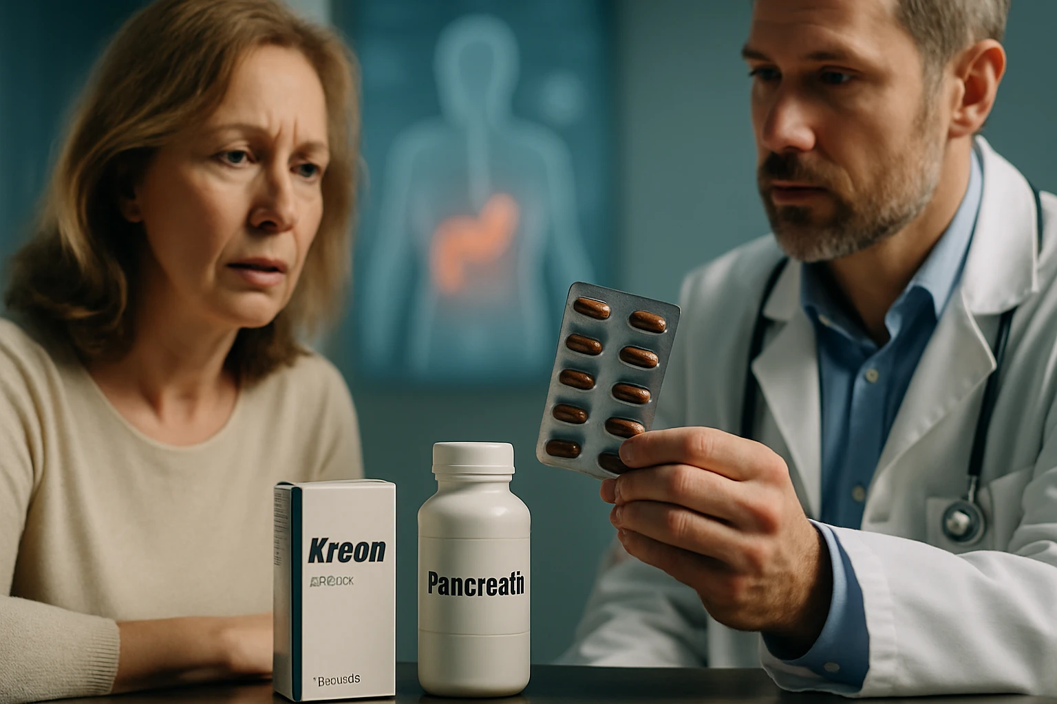 Egy orvos és egy nő beszélgetnek gyógyszerekről, a nő aggódó arccal figyel.