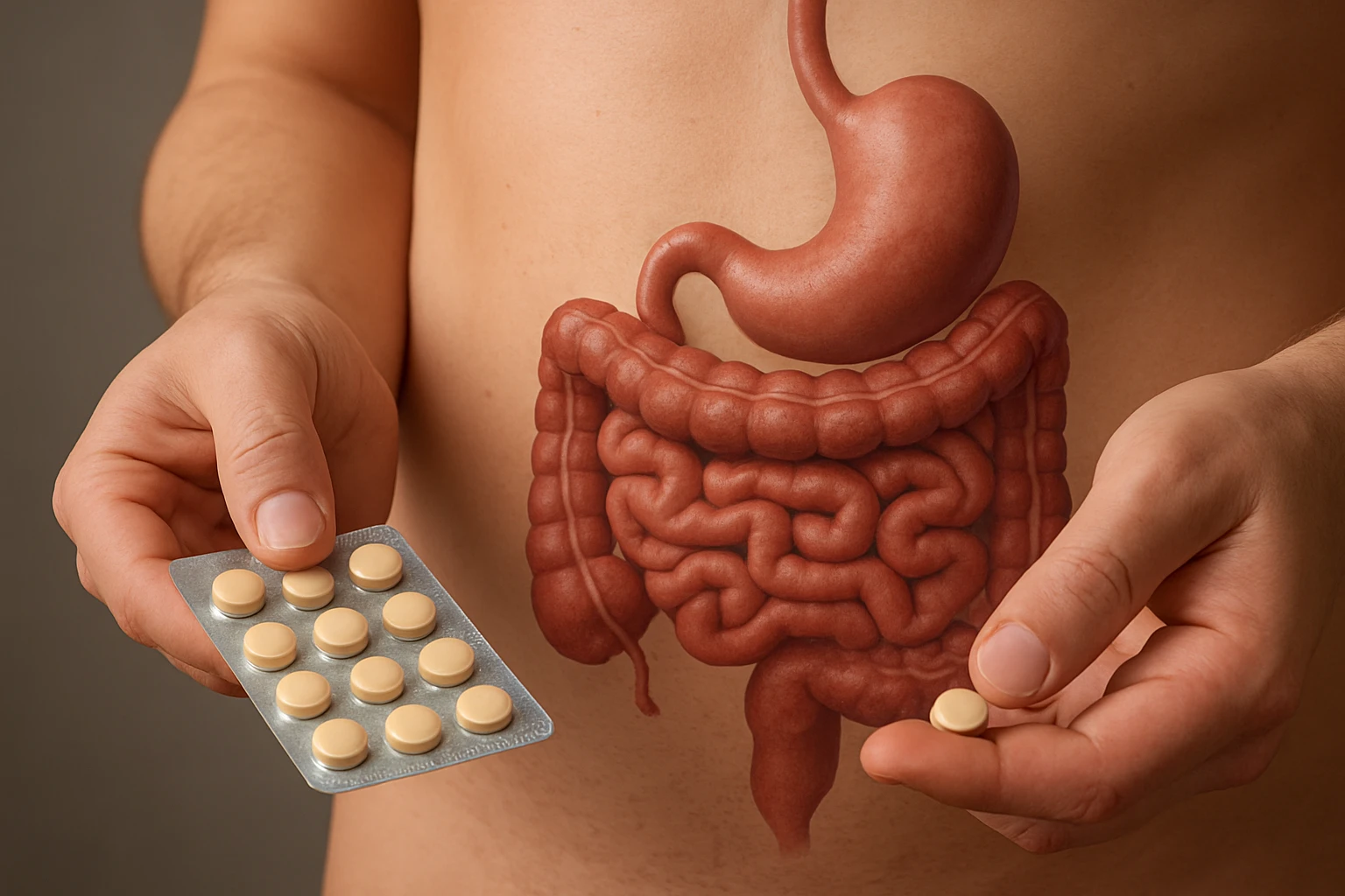 Egy férfi kezében gyógyszerek és a gyomor-bél traktus ábrázolása látható.