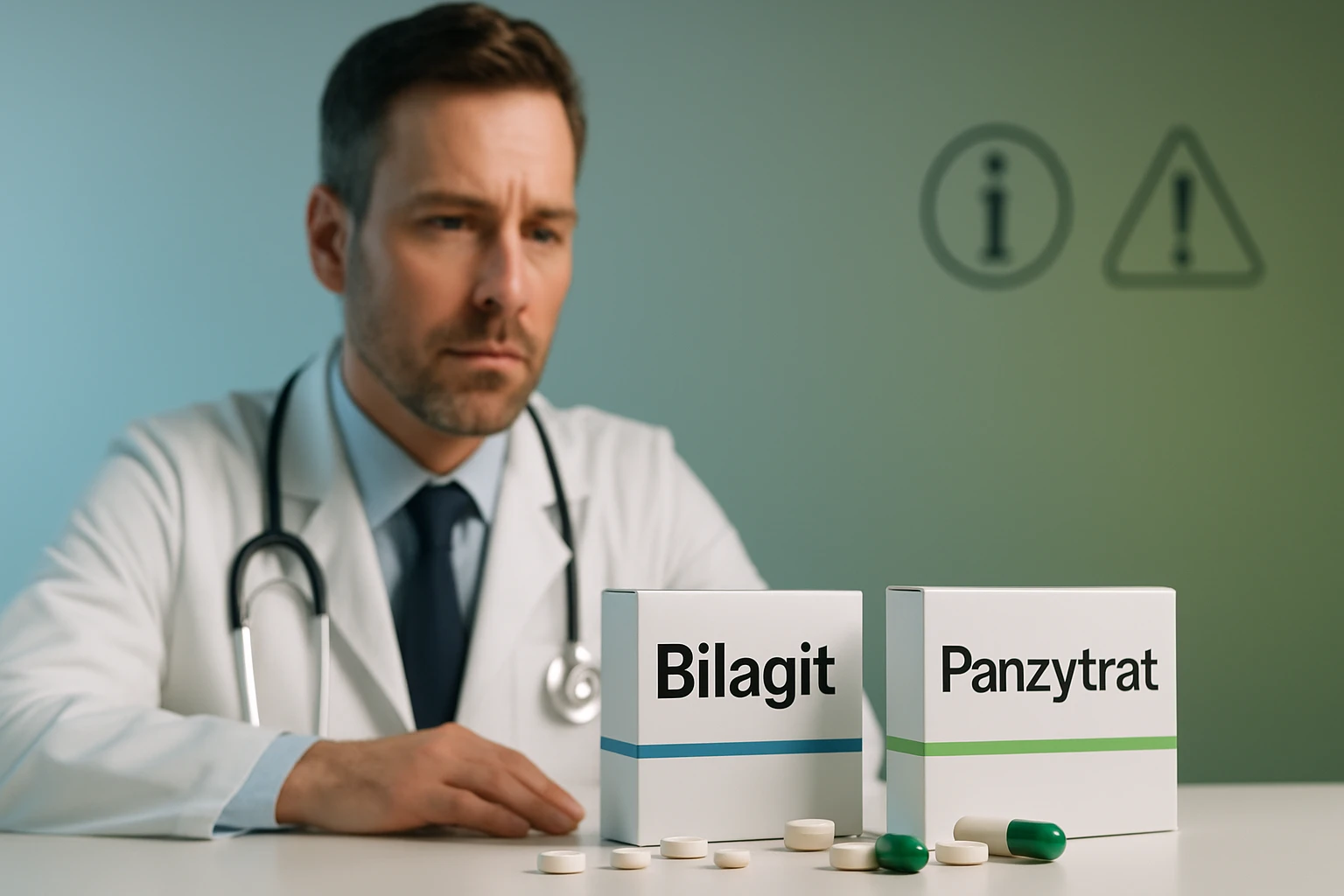 Egy orvos figyelmesen nézi a Bilagit és Panzytrat gyógyszereket az asztalon.