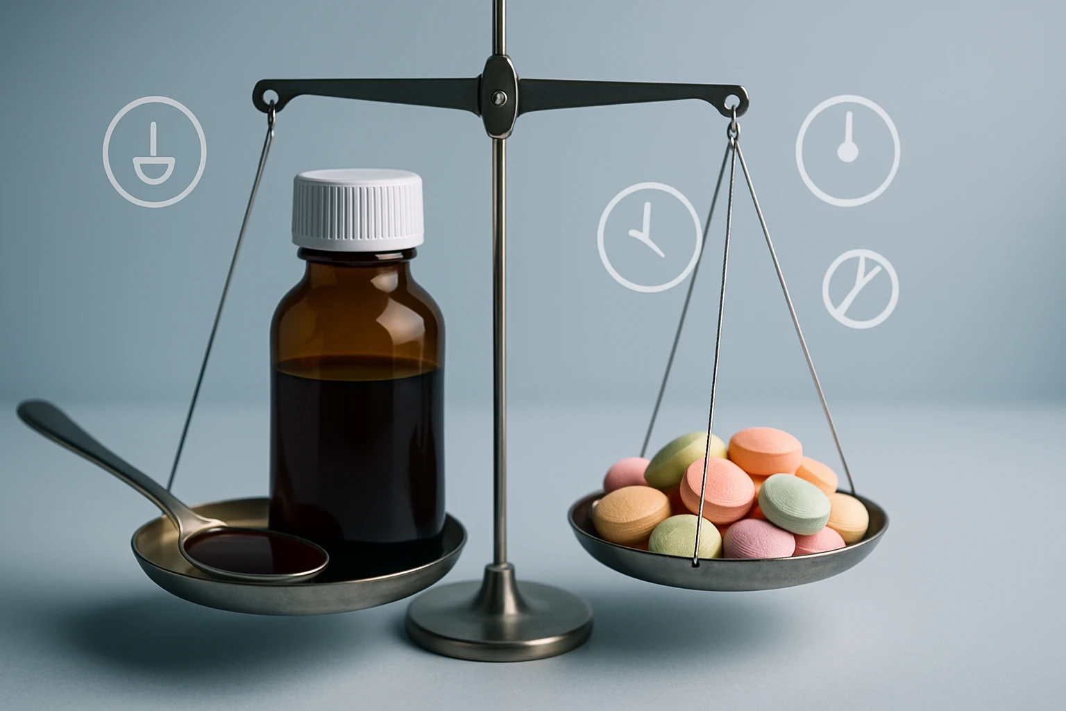 Egy mérleg, bal oldalán egy üveg gyógyszer, jobb oldalán színes tabletták.