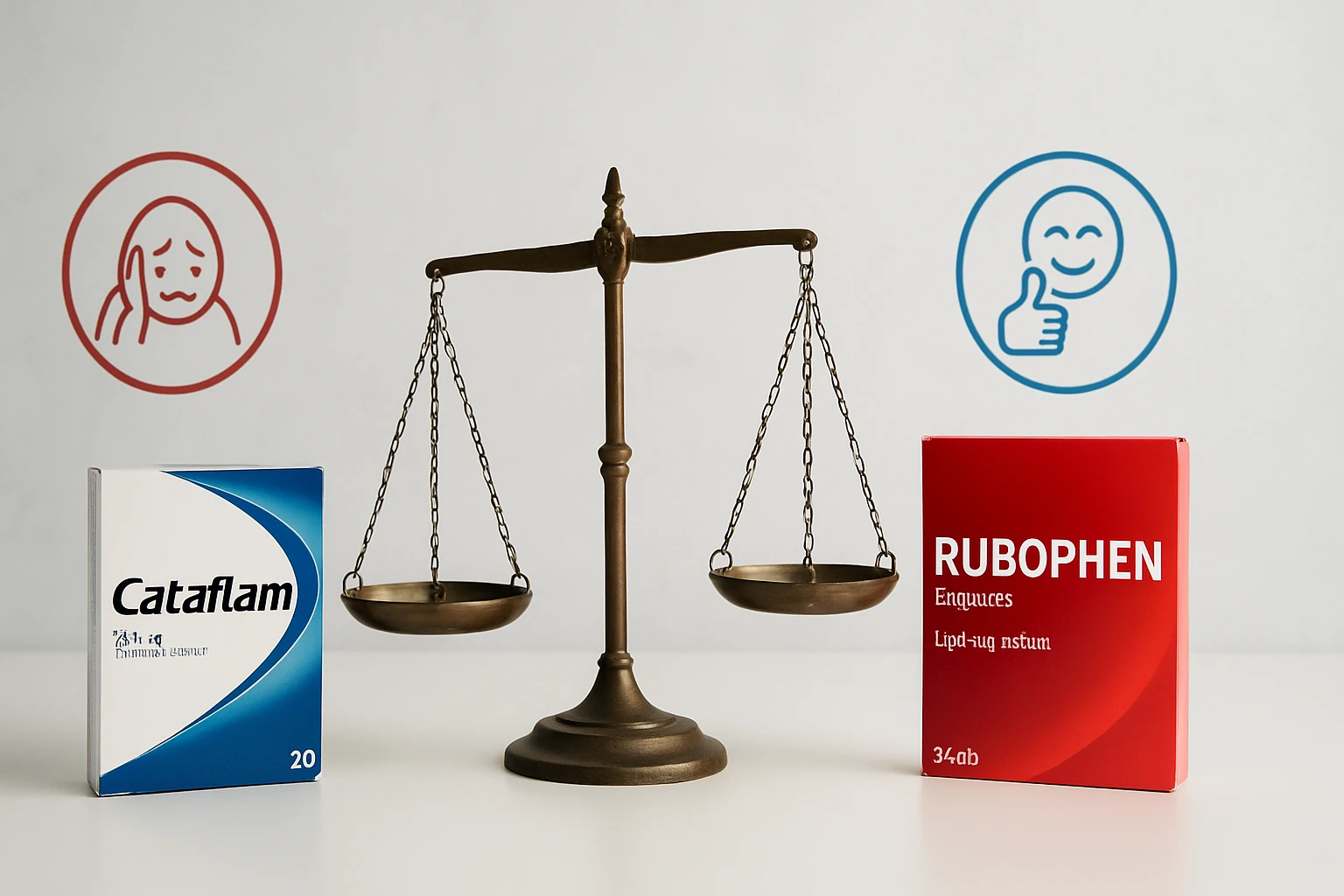 Két gyógyszer doboza, a Cataflam és a Rubophen, egy mérleg mellett.