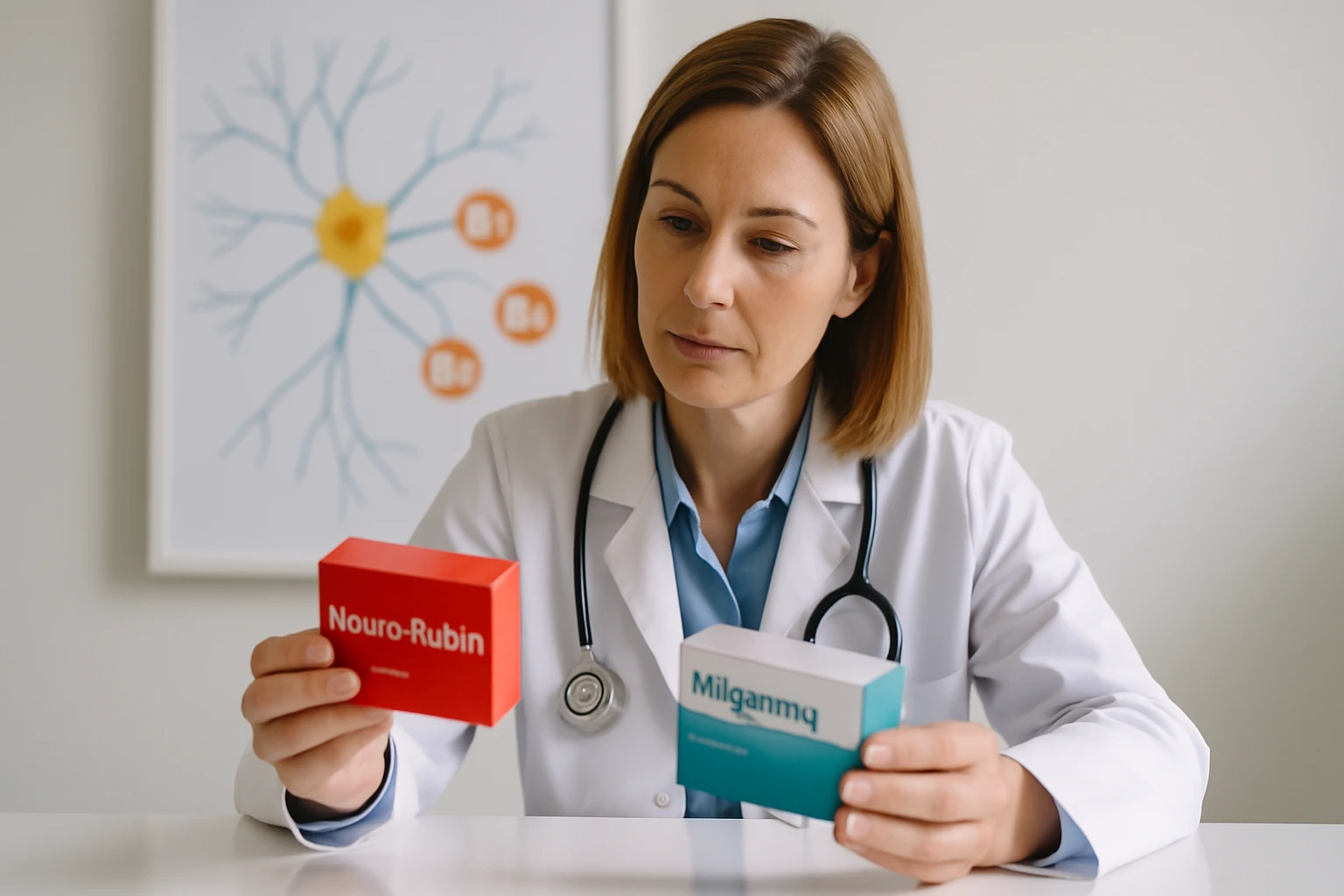 Egy orvos két gyógyszeres dobozt tart a kezében, figyelmesen nézi őket.