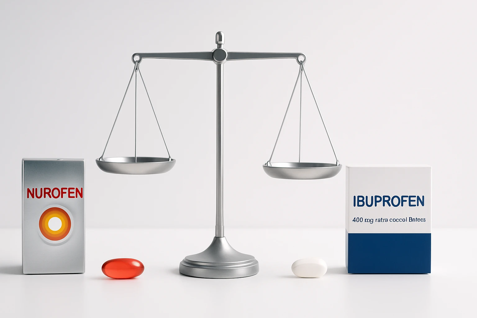 Egy mérleg, mellette Nurofen és Ibuprofen dobozok, valamint két különböző színű gyógyszer.
