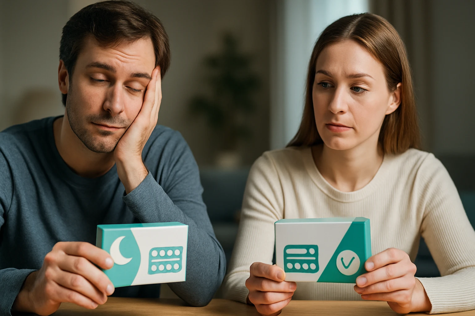 Egy férfi és egy nő ülnek az asztalnál, gyógyszeres dobozokat tartanak a kezükben.