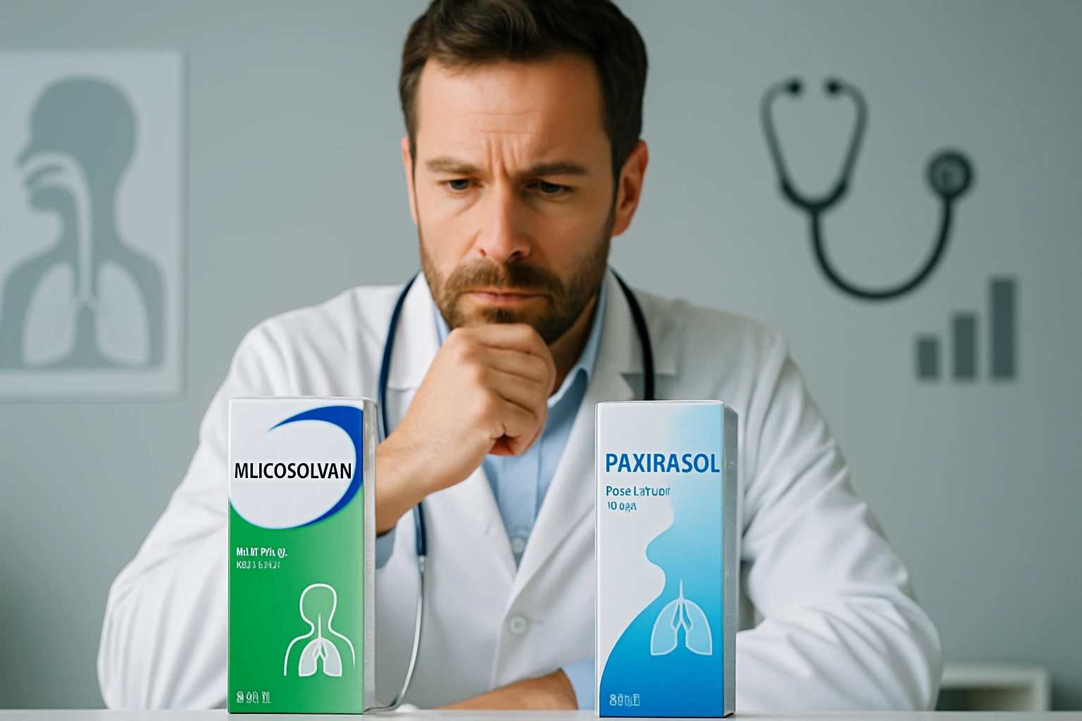 Egy orvos a Mlicosolvan és Paxirasol gyógyszerek között gondolkodik.