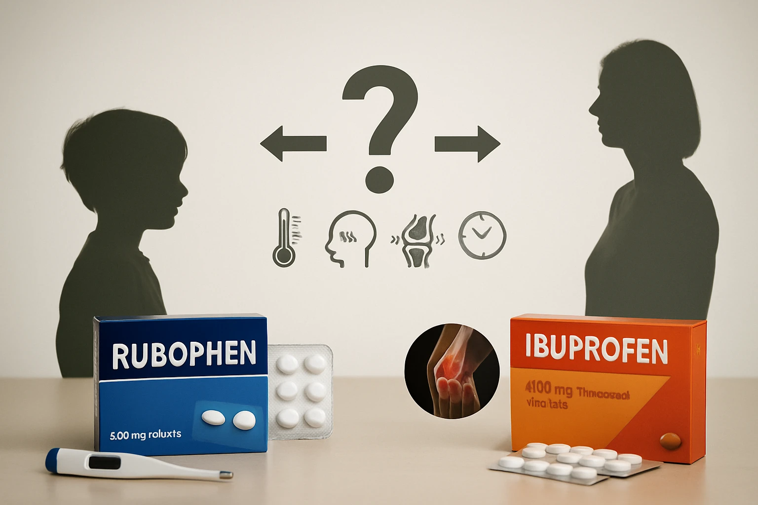 Két gyógyszer doboza, Rubophen és Ibuprofen, láz és fájdalomcsillapításra.