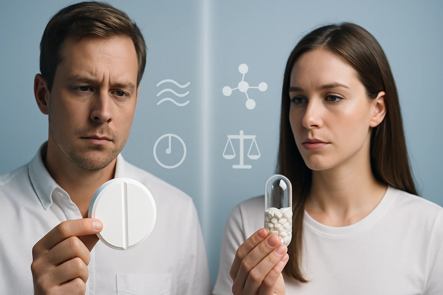 Egy férfi és egy nő gyógyszereket tartanak a kezükben, gondolkodva a választásról.