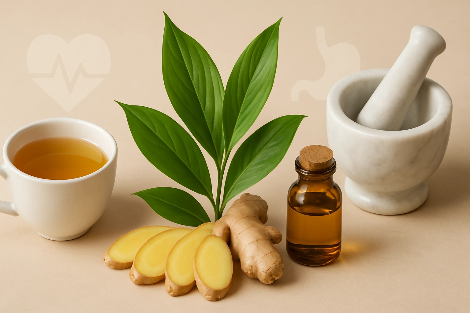 Egy csésze gyömbértea, friss gyömbérszeletek és olaj, gyógynövényekkel.