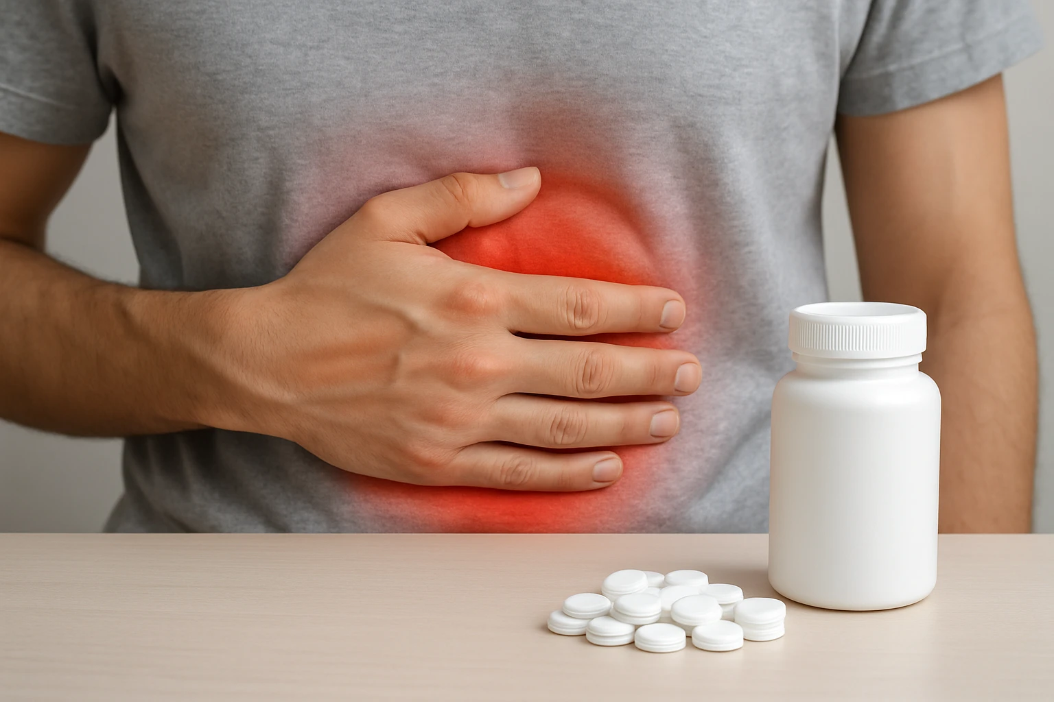 Férfi kezével a hasát fogja, mellette fehér tablettás üveg és tabletták.