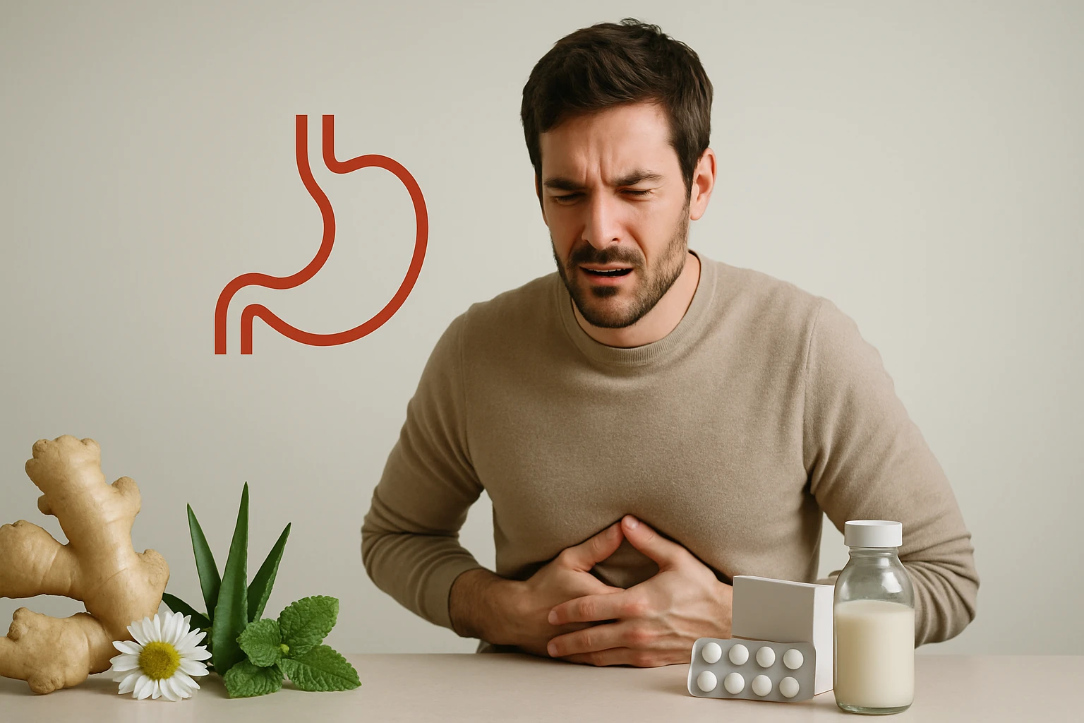 Férfi gyomorfájdalommal küzd, mellette gyógyszerek és gyógynövények.